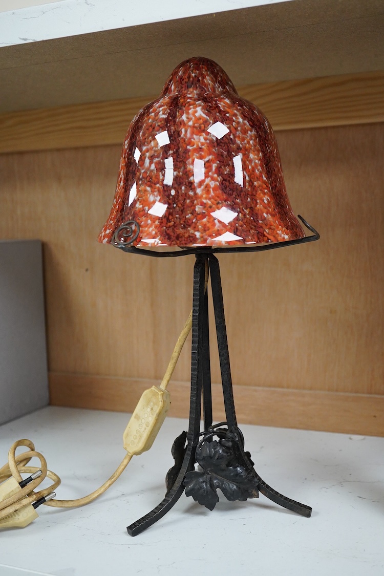 An Art Deco iron lamp with opaline glass shade, 33cm high